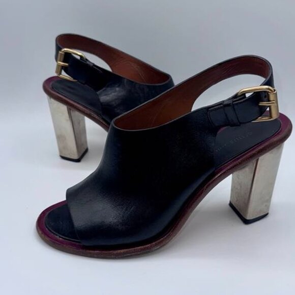 Celine Paris Black Genuine Leather Slingback Silver Block Heels/Mules/Sandals - Picture 1 of 11